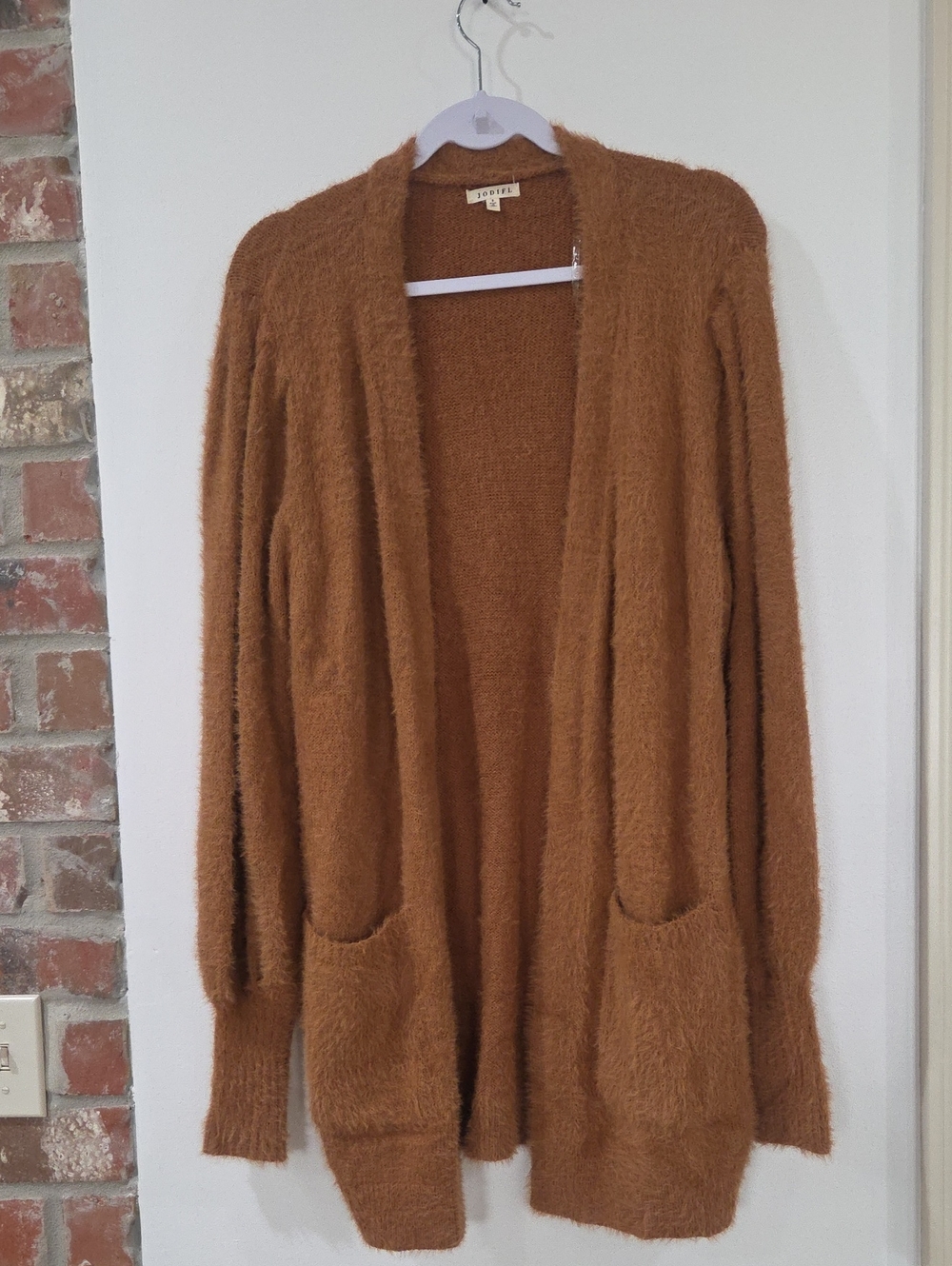 JODIFL Fuzzy Open-Front Cardigan - Camel Brown
